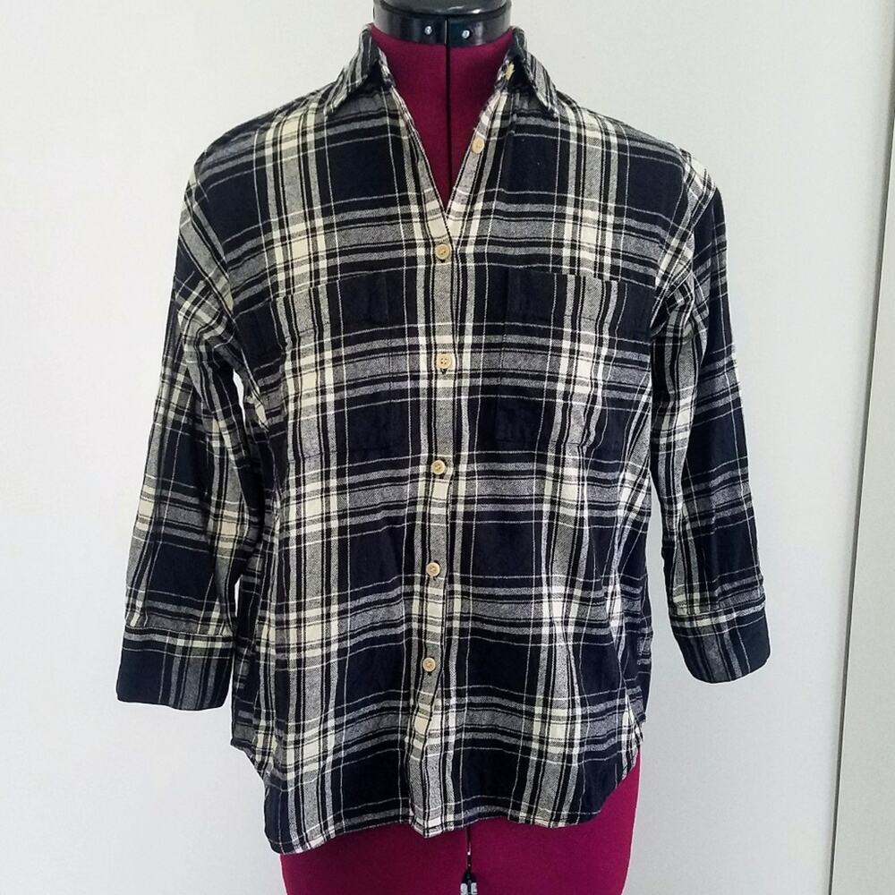 Madewell Black and Cream Plaid Flannel Button Down